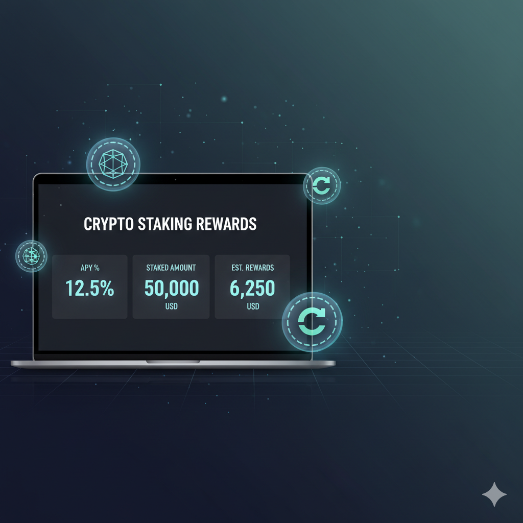 Crypto staking rewards calculator banner with charts and coins
